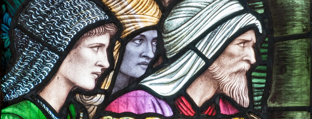 Detail of a stained glass window with. the three Magi, from a window designed by Edward Burne-Jones.